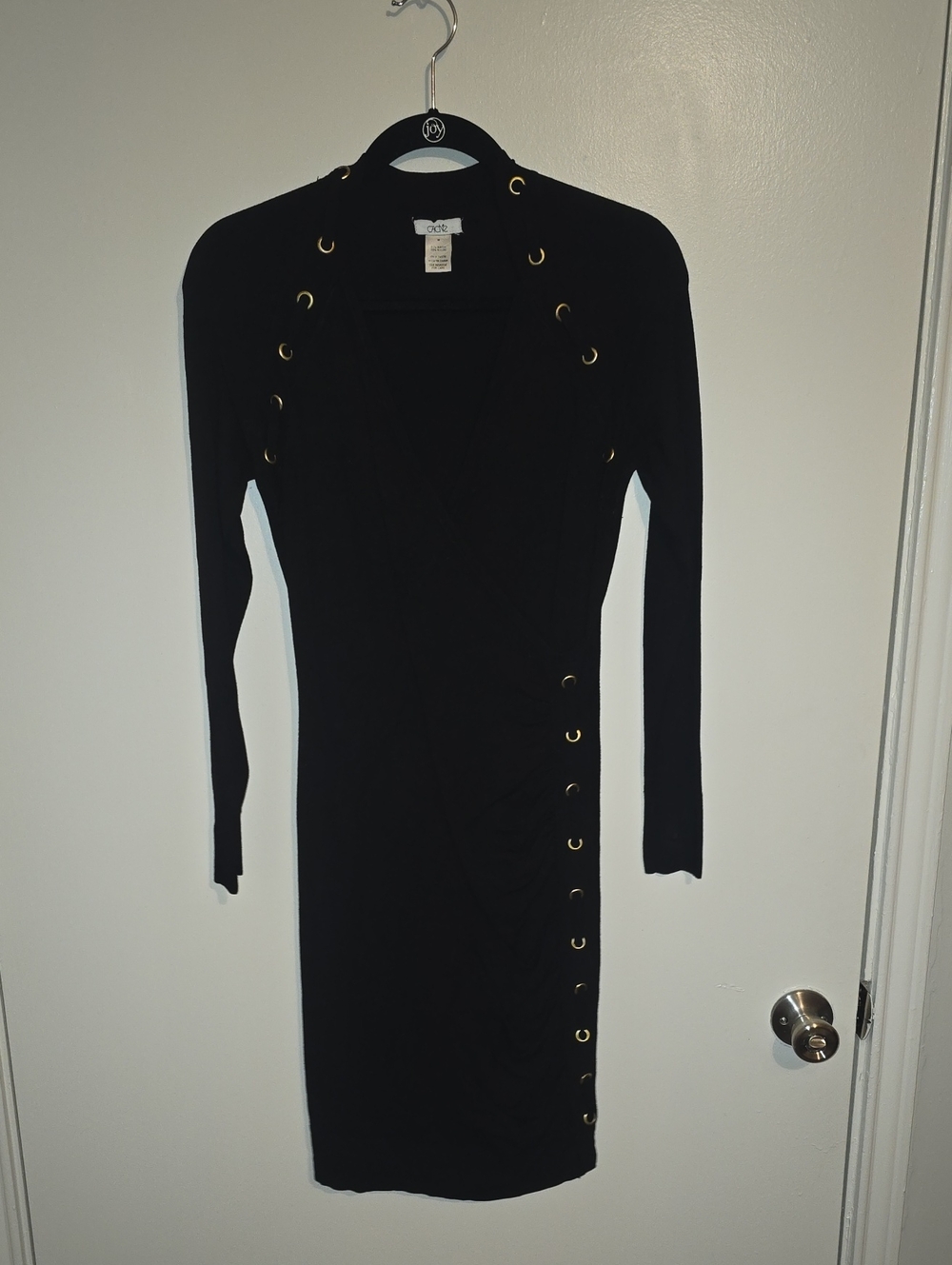Cache Black Long-Sleeve Wrap Dress with Gold Eyelet Trim